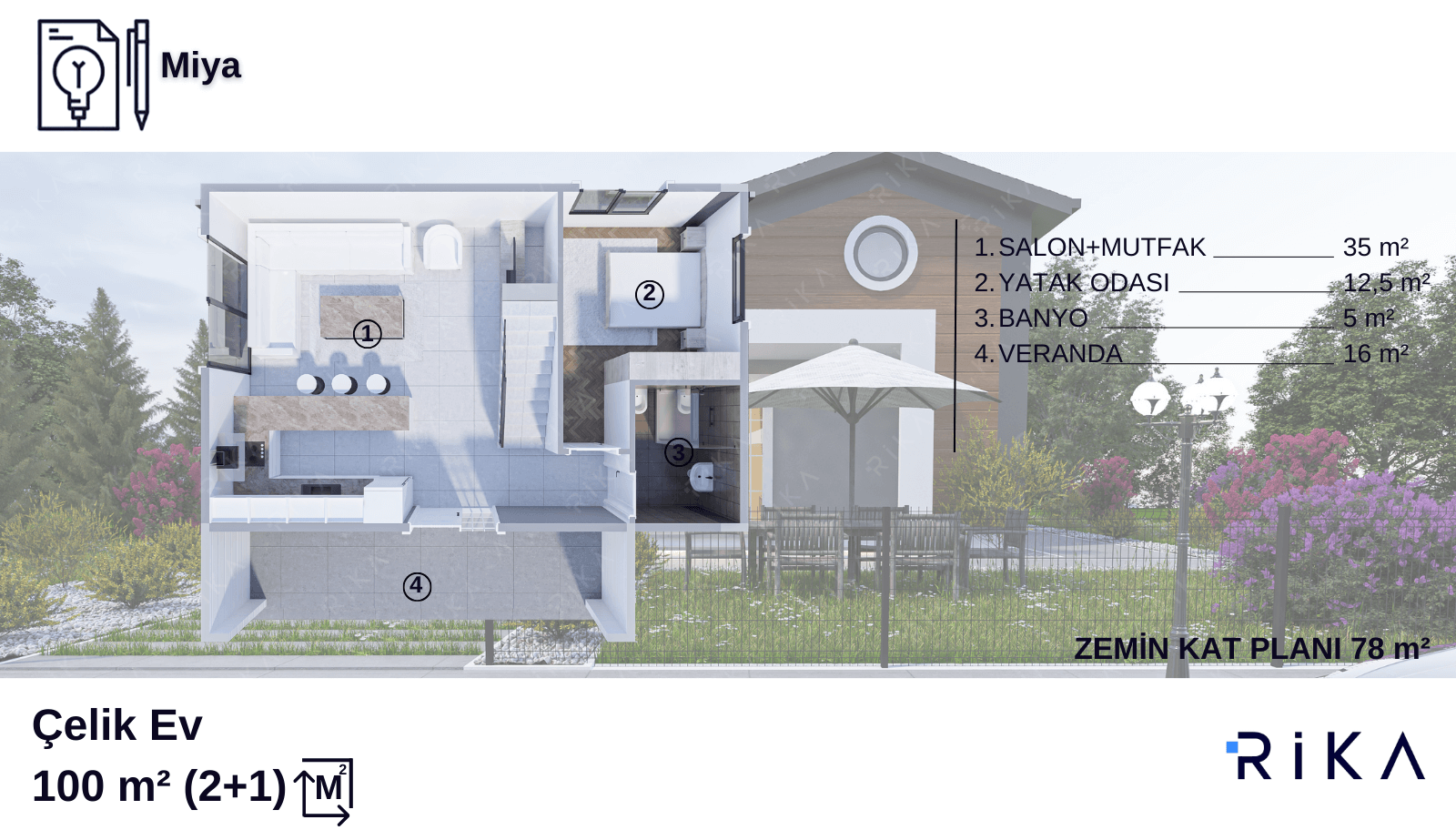 100 m2 Miya Çift Katlı Hafif Çelik Ev