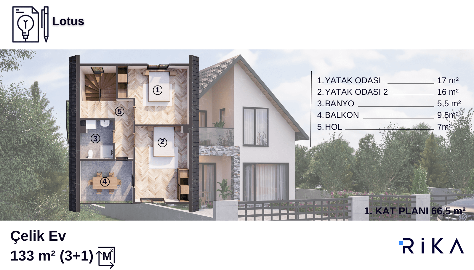 133 m2 Lotus Çift Katlı Hafif Çelik Ev
