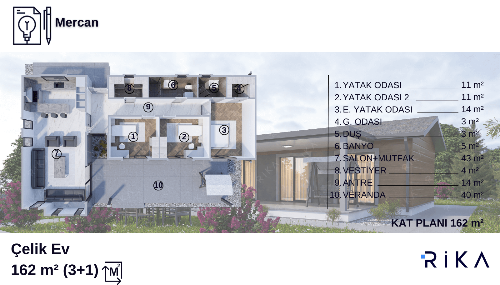162 m2 Mercan Tek Katlı Çelik Ev