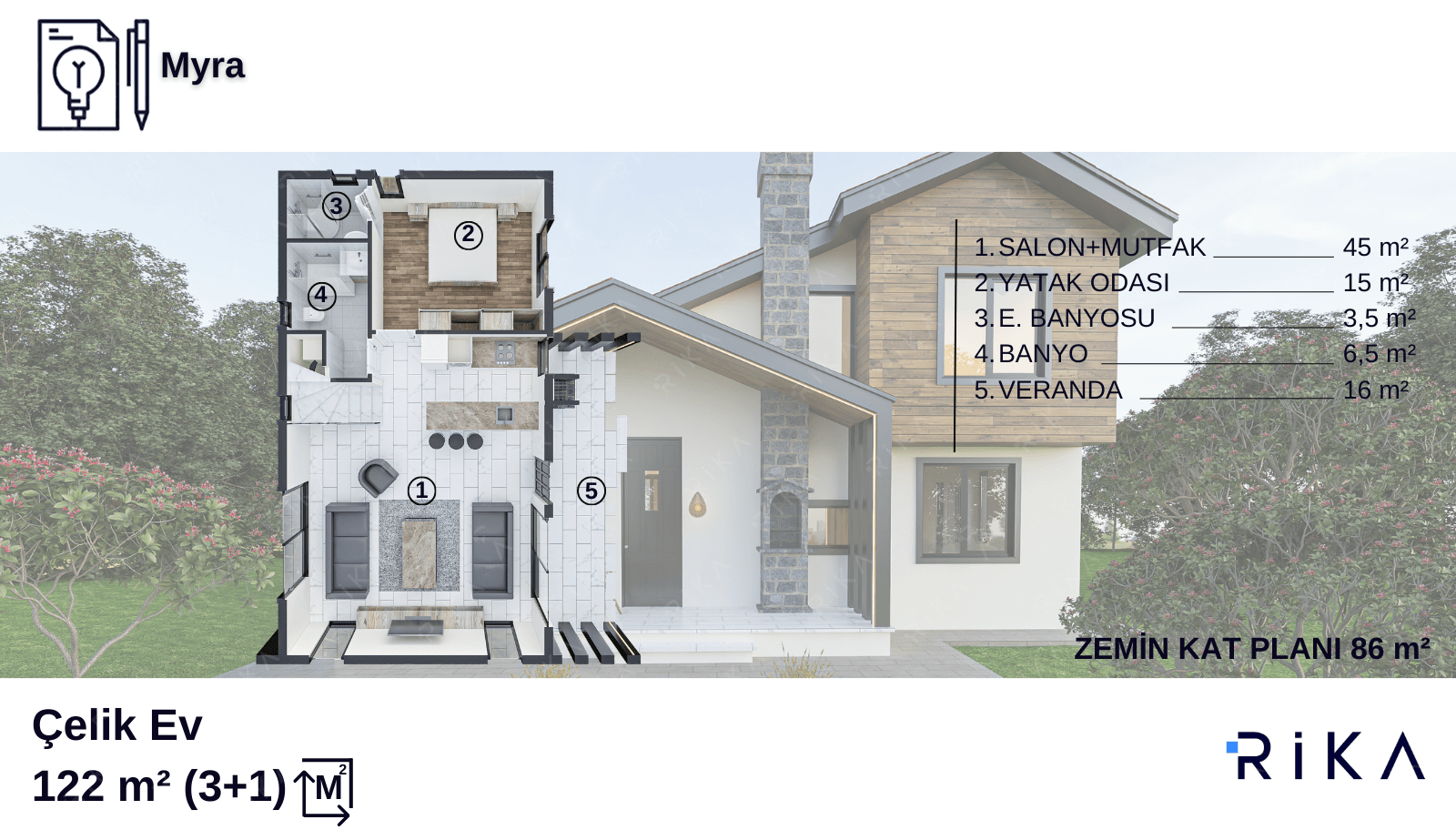 MYRA 122 m2 Çift Katlı Hafif Çelik Ev